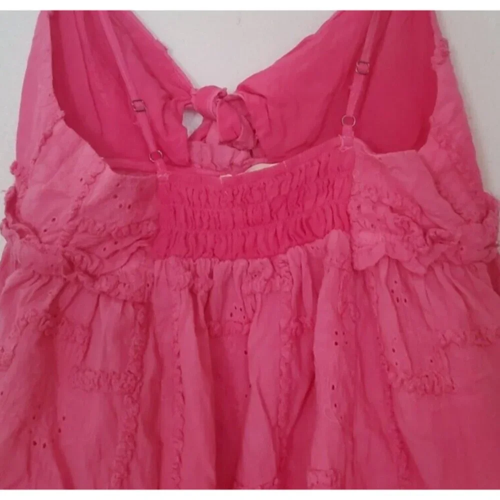 Islandhaze Pink Ruffled Elastic Back Front Keyhole Tie Size M Babydoll Top - Picture 4 of 8